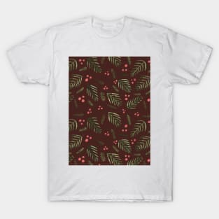 Christmas tree branches and berries - brown and sap green T-Shirt